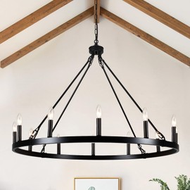 Wagon Wheel Chandelier 12 Lights 38" Large Black Farmhouse Chandelier for Dining Room Chandelier Country Rustic Pendant Light Fixtures Round Chandeliers for Living Room Outdoor High Ceilings Foyer