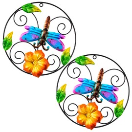 Jusimux 2 Pack the lovely Round Metal/Glass Dragonfly and Flower wall Art Decor, 9.5 Inch Fence Decorations Outdoor Hanging Decor for Patio Bedroom Living Room Garden Yard