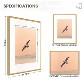 16x20 Aluminum Picture Frame Gold, 16"x20" Frame for Wall with Real Glass, 16 x 20 Gold Metal Frame, 16x20 Picture frame Matted to 11x14, Set of 3