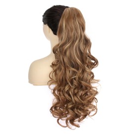 PORSMEER Ponytail with Clip, Claw Clip-In Hair Extensions, Claw Long Curly Wavy Ponytail, Jaw Clip on Hairpiece for Women, 26 Inches (Light Brown with Highlights)