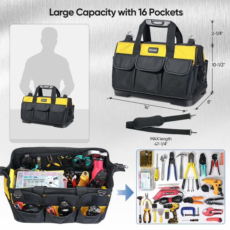 TICONN Tool Bag with Multi-Pockets Wide Mouth Tool Tote with