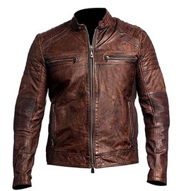 SpazeUp Vintage Cafe Racer Distressed Brown Biker Leather Jacket Medium