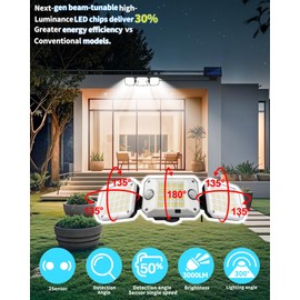 Solar Motion Sensor Outdoor Lights,Dual Sensor 240LEDs, 3Heads,3000LM,7000K with 5M Cord for Solar Outdoor Lights IP65 Waterproof and 3 Modes, Remote Control forGarage, Porch (3 Heads-1 Pack)