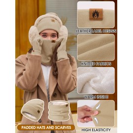 PASUDA Knitted Hat and Scarf Set 5 PCS Winter Warm Sets Fleece Lined Beanie Hat Touch Screen Gloves Plush Ear Warmers Neck Warmer Thermal Socks for Girls Ladies Sports Skiing Outdoor (Khaki)