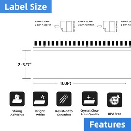 Printholic 12 Rolls Continuous Paper Label Replacement for Brother DK-2205 (2.4" X 100 Ft), Compatible with Brother QL Label Printers QL800 QL1100 (100 Ft & 1 Refillable Cartridge Frame)