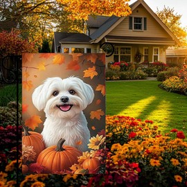 Fall Garden Flags for Outside 12x18 Double Sided Burlap, Small Holiday Thanksgiving Autumn Maltese Dog Garden Flag Outdoor Fall Decorations for Home Porch, Dog Garden Yard Decor