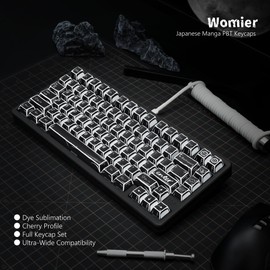 Womier Retro Manga PBT Keycaps Black, Cherry Profile Custom Anime Key caps 60 65 75 100 Percent, Dye Sublimation Graffiti Keyboard Keycap Set Suitable for MX Switches Mechanical Keyboard