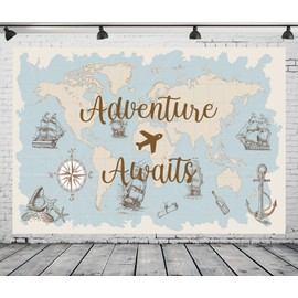 CORFOTO 7x5ft Fabric Retro World Map Backdrop Adventure Awaits Background Global Travel Themed Birthday Party Decorations Adventure Begins Baby Shower Table Banner Kids Portraits Photo Studio Props