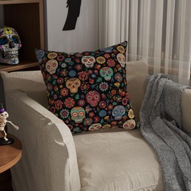 ZAEW Dia De Los Muertos Pillow Cover Sugar Skull Colorful Flowers Day of The Dead Mexican Throw Pillow Case Decorations for Farmhouse Home Bedroom Sofa Couch Outdoor Holiday Decor 16x16 Inch