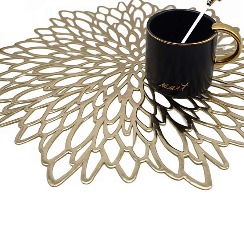 4PCS Golden Round Flower Placemat, Pressed Vinyl Placemats, Round Hollow