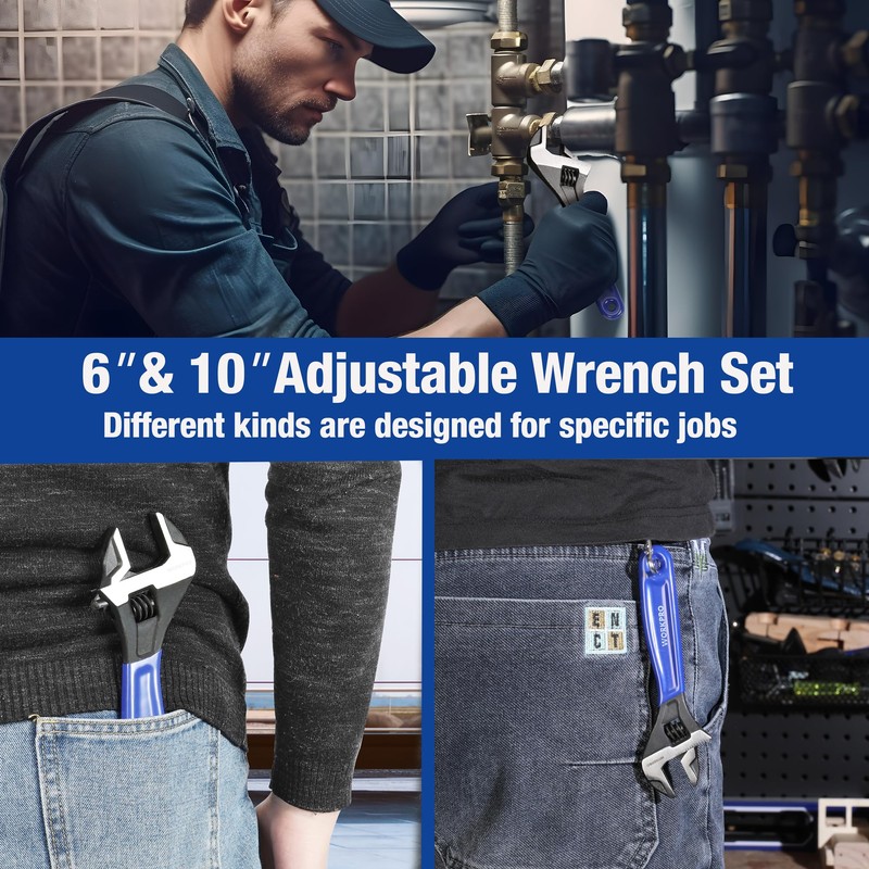 WORKPRO 2-Piece Adjustable Wrench Set, 6-Inch & 10-Inch Wide Jaw