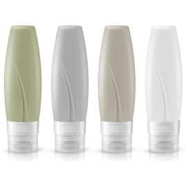 KIKIGOAL Set de 4 Botellas de Viaje, Travel Botellas Silicona Set para Viaje 90ml, a Prueba de Fugas, Botella de Viaje Reutilizable para Artículos de Tocador Champú y Jabón de Loción