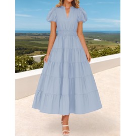 ZESICA Women's Summer Casual Maxi Dress 2025 Puff Short Sleeve V Neck Ruffle Tiered Flowy Boho Beach Dresses,Light Blue,Large