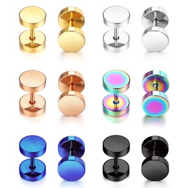 FIBO STEEL 6 Pairs Stainless Steel Stud Earring for Men Women Flat Back Ear Plugs Tunnel Ear Piercing,7MM