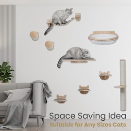 FLUFFYPUFF Cat Wall Shelves & Furniture Set (9 Pieces)-Durable Rubber Wood & Non-Slip Carpet, Includes Washable Hammock, Shelf, Climbing Scratcher, Ladder, Wall Steps, and Sisal Steps for Large Cats