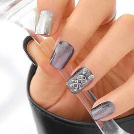 Sethexy Pink Cat Eye Handmade False Nails Short Coffin Press On Nails with Design Acrylic Glossy Salon Fake Nails for Women and Girls 10PCS (Pink6)