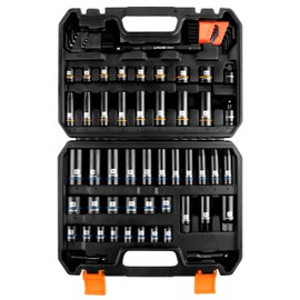 LLNDEI 3/8 inch Drive 12 Point Socket Set 71 Piece,SAE(5/16-3/4") and Metric(8-22mm),Deep & Shallow,CR-V,With Drill Socket Adapter & Extension Bar 3/8",Hex Key Set