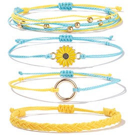 FANCY SHINY Sunflower String Bracelet Handmade Braided Rope Charms Boho Surfer Bracelet Women(Yellow)