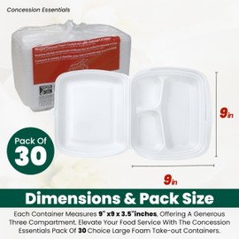 Concession Essentials Pack of 30CT Large 9 x 9 x 3.5 Inch Foam 3-Compartment Containers, White, Hinged, with Optional Venting, Polystyrene, 9"L x 9"W x 3.5"H