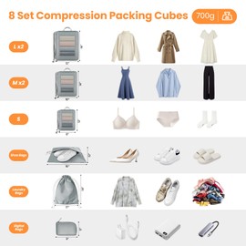 8 Set Compression Packing Cubes for Travel Suitcase Organizer Travel Essentials for Backpack Luggage Organizer Bags for Carry on (Grey)