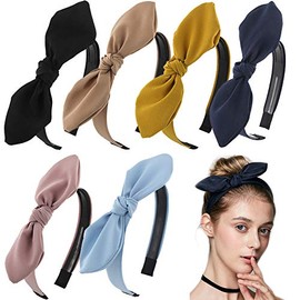 Carede Solid Bow Headbands for Women Twist Knot Headbands Wired Rabbit ears Plastic Headbands with Teeth Elastic Cloth Bowknot Headwrap Hair Accessory,Pack of 6