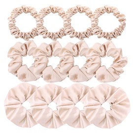 Pack of 12 Premium Satin Silk Scrunchies Hair Ties for All Hair Type Women Girls Ponytail Holder Elastic Hair Bands Scrunchy Accessories (Mix 3 Sizes Beige)