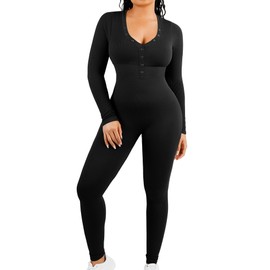 FeelinGirl Women's Stretch Long Sleeve Shaping Bodycon Jumpsuit Deep V-Neck Outfit Jumpsuits Seamless Ribbed Catsuit Black XS/S