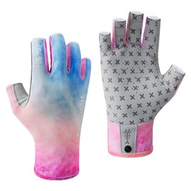 BASSDASH 3/4 Finger UPF 50+ Sun Gloves Breathable Anti-Slip Silicone Palm  for Men Women Fishing Fingerless Cycling Running - Color: Rosy Clouds -Large