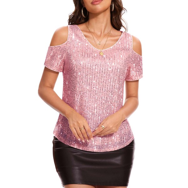 DRESSTELLS Women's 2025 Pink Sequin Wedding Tops, V Neck Sparkly
