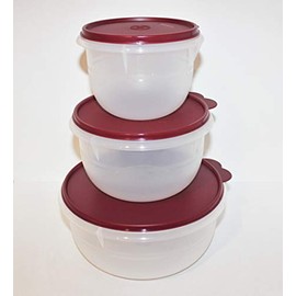 TUPPERWARE SET OF (3) MIXING BOWLS SHEER CLEAR WITH BORDEAUX SEALS