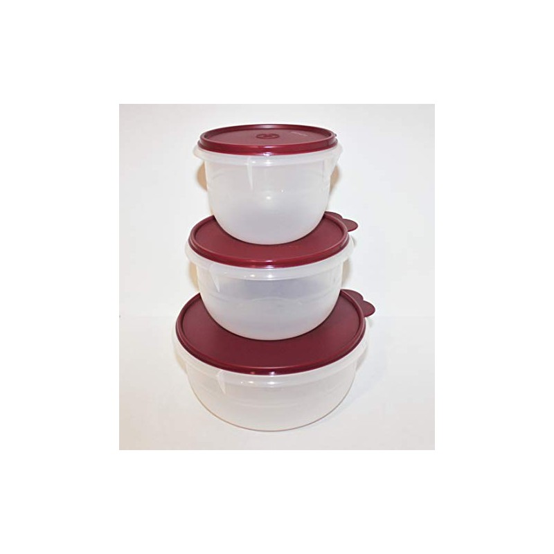 TUPPERWARE SET OF (3) MIXING BOWLS SHEER CLEAR WITH BORDEAUX