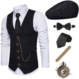 EFORLED 1920s Mens Costume Fedora Hat,Gatsby Gangster Vest,Vintage Pocket Watch,Pre Tied Bow Tie,Tie,XC-L
