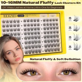 Lash Clusters Kit Natural Eyelash Clusters Kit with Cotton Band 10-16mm C Curly Wispy Cluster Eyelash Extensions Natural Fluffy Cluster Lashes for Beginners with Bond & Seal and Tweezers