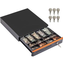 Volcora Cash Register Drawer for Point of Sale POS System with Round Corners 16", Removable Coin Tray, 5 Bill 8 Coin, 24V RJ11/12 Key-Lock Media Slot, Money Drawer for Business, Orange Bar/Black