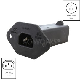 AC WORKS [AD1308-FG] IEC C14/ Sheet E with Mounting Holes to U.S. Household NEMA 5-15R Connector