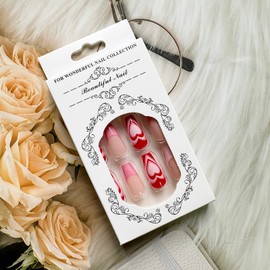 Valentine's Day Press on Nails Medium Coffin Shaped Fake Nails French Tip False Nails with Red Peach Heart Design Glossy Pink Nude Full Cover Acrylic Glue on Nails for Women Girls DIY Nail Manicure
