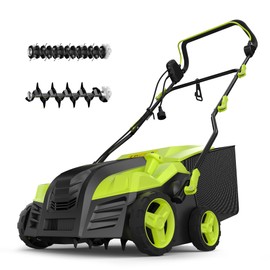 16-Inch Electric Dethatcher Scarifier, YERYORK 2-in-1 Lawn Scarifier with Powerful 15 AMP Motor 14.5Gal Collection Bag 5-Position Depth Foldable Handle for Lawns & Garden (Green)