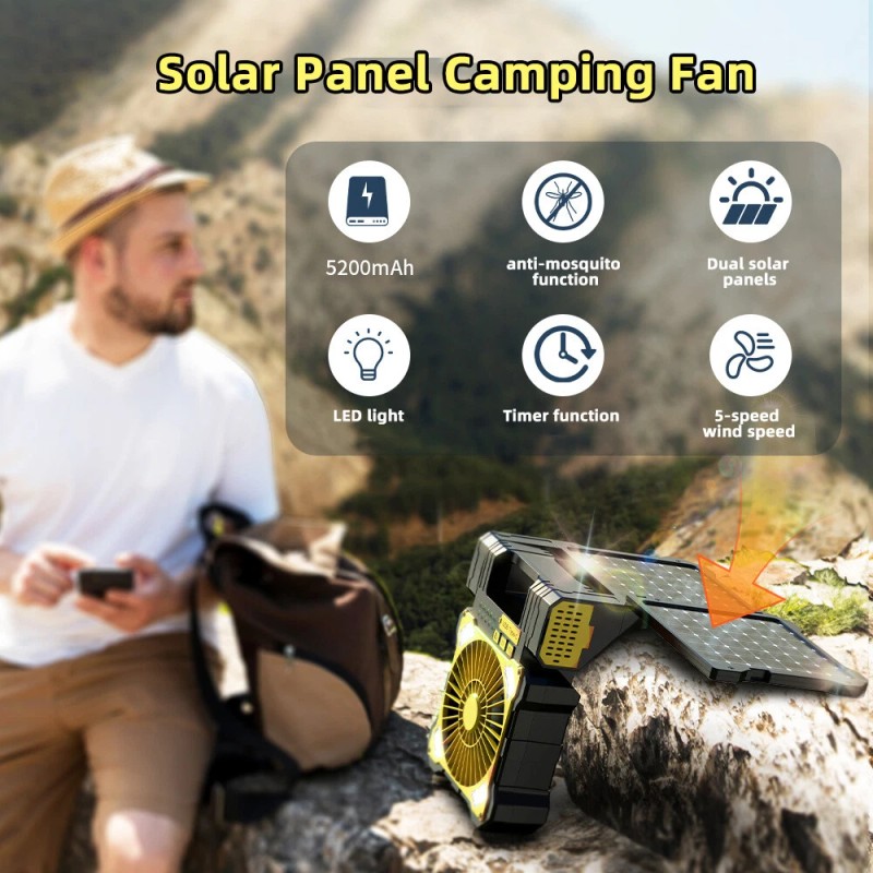 KEPEAK 5 Speed Solar Fan&Portable Camping Fan with Lantern 5200mAh