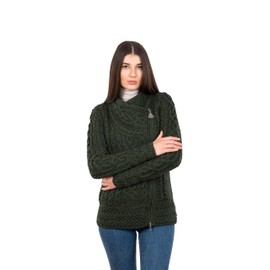 SAOL Irish Cardigan for Women Made of 100% Merino Wool Ireland Sweater Cable Knit Zip Jacket (Army Green, Small)