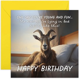 Old English Co. Funny Birthday Card for Men and Women - Silly Joke 'One Day You're Young' Goat Birthday Card for Men and Women - Humorous Card for Adult Birthday | Blank Inside with Envelope