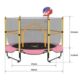 Kawuneeche 5FT Trampoline for Kids Toddler Indoor Trampoline with Safety Enclosure Net, Mini Basketball Hoop, Jumping Mat for Home Entertainment Equipment Outdoor Backyard Games (Pink)