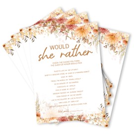Bridal Shower Games, Boho Fall Floral Game Card for Wedding Engagement Bachelorette Party, Wedding Shower Decorations Supplies, Would She Rather Game, Set of 25 Cards- A01