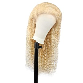 Lakaisa Lace Front Wig Human Hair Wig Glueless Wig Wear and Go Curly Wig 4 x 1 HD Lace Wig Real Hair Wig Blonde Natural Brazilian Remy Hair 180% Density No Smell for Women 22 Inches