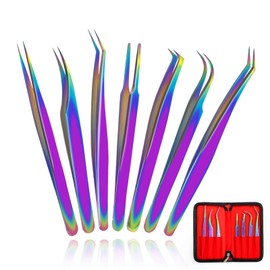 Fangze Lash Tweezers for Eyelash Extension - 7 Pcs Precision Volume Tweezers Set with Case for Craft Work Isolation Stickers Nail Art Ingrown Hair-Rainbow