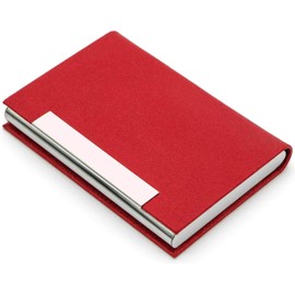 AYCLIF Business Card Holder Professional PU Leather Metal Name Card Holder Pocket Business Card Holder for Men and Women with Magnetic Closure, Red