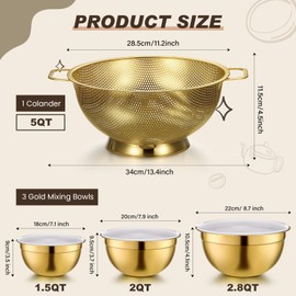 Baderke 7 Pcs Gold Kitchen Accessories Includes Stainless Steel Colander with Handles, 3 Gold Mixing Bowls with Airtight Lids and 3 Fine Mesh Strainer (Colander: 5 Qt, Mixing Bowls: 1.5/2/3 Qt)