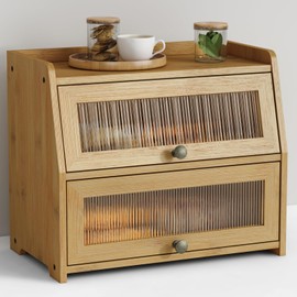 Goozii Large Bread Box for Kitchen Countertop, Double Layer Breadbox for Homemade Loaf Bread, Farmhouse Bread Storage Container Bin for Kitchen Counter Pantry Cupboard (Natural Bamboo)