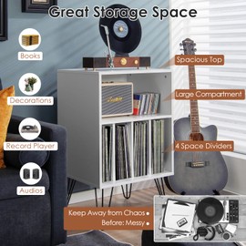 Giantex Record Player Stand, White Turntable Stand Holds up to 150 Albums, Mid-Century Vinyl Storage Cabinet Table with Metal Legs, Record Player Holder End Table for Bedroom Living Room