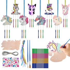 Jaxbo 8 Pack Unicorn Wind Chiem Kit Wooden Wind Chime Kits,DIY Painting Wind Chimes for Kids,Indoor Outdoor Decoration Wind Chime Crafts, Great Gift for Creative