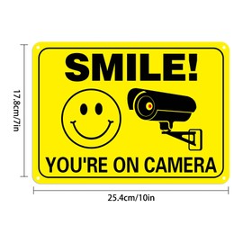 Smile You’re on Camera Sign, Rust Free Aluminum Video Surveillance Signs, Security Signs Outdoor 10 X 7 Inch, UV Printed, Warning Sign for Home, Business, CCTV, Driveway Alert (Yellow)